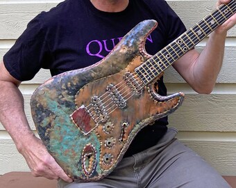 DESIGN YOUR OWN - Fender Stratocaster Sculpture - salvaged copper and brass metal - rockstar electric guitar - wall hanging art - patinas
