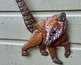 White-Nosed Coati Animal - Costa Rica Creation Story - Colores de la Jungla - salvaged copper metal sculpture - wall art hanging - oil paint