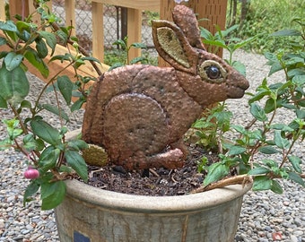 Cottontail Rabbit - salvaged copper and brass metal - furry bunny animal sculpture - wall art hanging or garden stake - verdigris patina