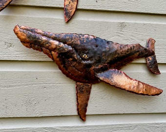 Large Humpback Whale - salvaged mixed copper metal - marine mammal sea creature sculpture - wall art hanging - verdigris and natural patina