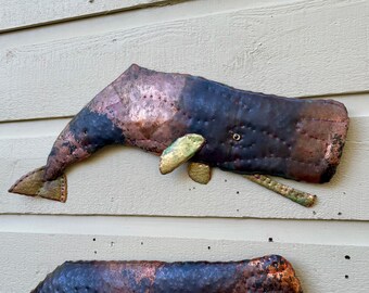 Large Sperm Whale - salvaged mixed copper metal - marine mammal sea creature sculpture - wall art hanging - verdigris green natural patina