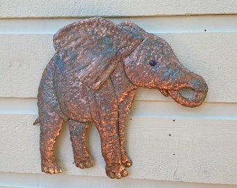 Young African Elephant - salvaged copper brass metal - safari wild animal sculpture - wall art hanging or garden stake - verdigris patina