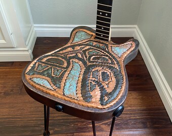 Salmon Fish Spirit End Table or Stool - copper metal tribal electric guitar furniture - repurposed - Pacific Northwest Coast Indian inspired
