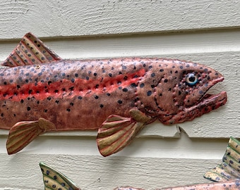 CUSTOM ORDER - Trophy Rainbow Trout - salvaged copper and brass metal - freshwater gamefish sculpture - wall art hanging - verdigris patina