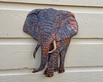 Bull African Elephant - salvaged copper brass metal - safari wild animal sculpture - wall art hanging or garden stake - verdigris patina
