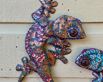 Tropical Gecko Lizard - Colores de la Jungla - salvaged copper metal sculpture - Costa Rica Trip - wall art hanging - patinas and oil paints