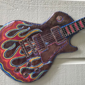 Hotrod Guitar Sculpture - salvaged hammered copper brass metal rockstar electric guitar - wall hanging art - oil painted flames