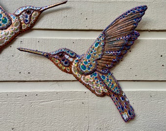 Hummingbird Mountain Gem - Costa Rica Creation Story - Colores de la Jungla - salvaged copper metal sculpture - wall art hanging - oil paint