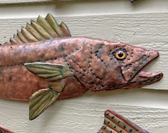 CUSTOM ORDER - Trophy Walleye Pike - salvaged copper and brass metal - freshwater gamefish sculpture - wall art hanging - verdigris patina