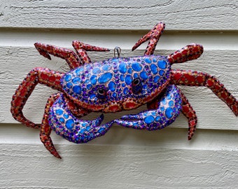 Ninja or Halloween Crab – Costa Rica Creation Story - Colores de la Jungla - salvaged copper metal sculpture - wall art hanging - oil paints