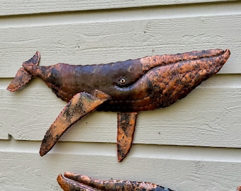 Large Humpback Whale - salvaged mixed copper metal - marine mammal sea creature sculpture - wall art hanging - verdigris and natural patina