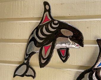 DESIGN YOUR OWN - Orca Spirit Killer Whale sculpture - Aluminum Metal Whale Wall Art - Pacific Northwest Coast Indian inspired - red or blue