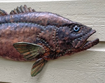 CUSTOM ORDER - Trophy Largemouth Bass - salvaged copper and brass metal - freshwater gamefish sculpture - wall hanging - verdigris patina