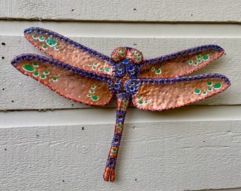 Dragonfly Rainforest Insect - Colores de la Jungla - salvaged copper metal sculpture - Costa Rica Trip - wall art hanging - patina oil paint