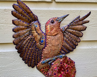 Hoffmanns Woodpecker Bird – Costa Rica Creation Story - Colores de la Jungla - salvaged copper metal sculpture - wall art hanging - oilpaint