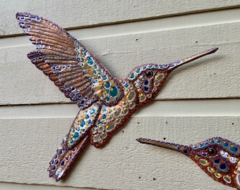 Hummingbird Mountain Gem - Costa Rica Creation Story - Colores de la Jungla - salvaged copper metal sculpture - wall art hanging - oil paint