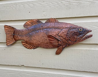 Trophy Largemouth Bass - salvaged copper metal - freshwater lunker gamefish sculpture - wall art hanging - verdigris blue-green patina