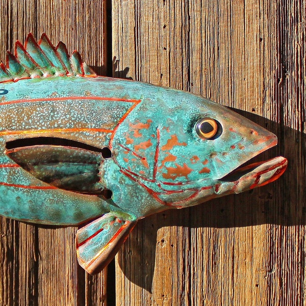 Copper striped bass fish by Mark - with glass eye and blue-green patina - repurposed - OOAK