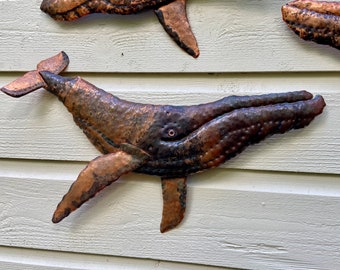 Large Humpback Whale - salvaged mixed copper metal - marine mammal sea creature sculpture - wall art hanging - verdigris and natural patina