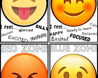 May include: Four-panel chart with emoji faces representing different emotional zones: yellow (silly), green (happy), red (mad), and blue (sad). Each zone includes descriptive words like "excited," "focused," and "terrified."