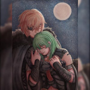 May include: A watercolor painting of two people embracing under a full moon. The person on the left has blonde hair and is wearing a dark cloak. The person on the right has green hair and is wearing dark armor. The background is a dark blue sky with stars.