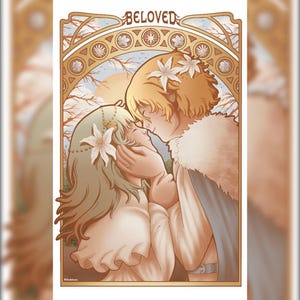 May include: An art nouveau style illustration featuring two figures in an embrace. The word "BELOVED" arches across the top. The figures are surrounded by floral and geometric designs, with a soft color palette of gold, cream, and peach.