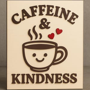 Caffeine & Kindness Sign – Cute Coffee Bar Decor, Wooden Wall Art, Funny Kitchen Quote, Coffee Lover Gift, Laser Cut Rustic Home Decor