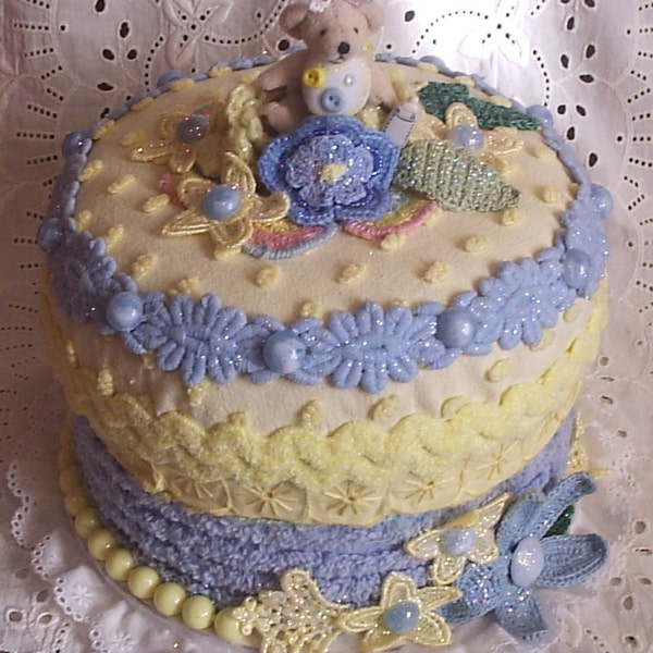 SALE! Fake Cake Gift Box or Centerpiece for Baby Gift or Shower in yellow and blue chenille/rickrack with vintage lace. Photo prop Baby Boy