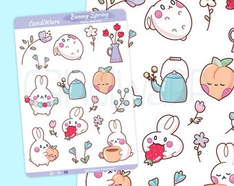 Bunny Spring Sticker Sheet: Kawaii Rabbit, Flowers, Planner Stickers