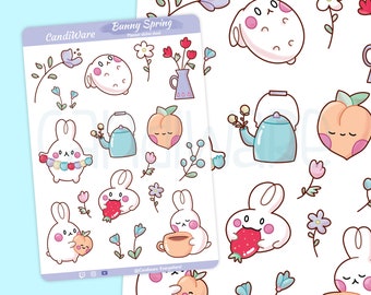 Bunny Spring Sticker Sheet - Cute Kawaii Rabbit Stickers, Bullet Journal, Planner - Spring, Flowers - Cute Spring Flowers Stationary