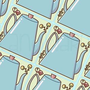 May include: A seamless pattern featuring light blue teapots with brown tea bags and yellow flower buds on a light yellow background.