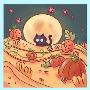 May include: A black cat sits in a field of pumpkins under a full moon. The pumpkins are orange and green with vines growing around them. The moon is yellow and has a textured surface. There are pink stars in the dark blue sky.