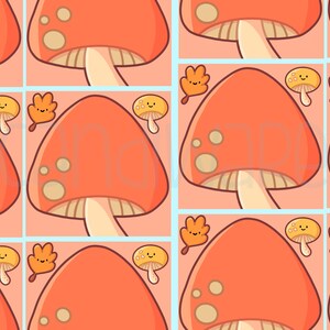 May include: A repeating pattern featuring cartoon mushrooms in orange and cream, with white spots on the caps. The design includes small, smiling mushrooms and autumn leaves on a light pink background.