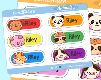 Vinyl Stickers OR Iron On Kids Name Labels - Iron On Clothing Labels - Fabric Labels -Waterproof Labels - Daycare Labels - Kawaii Animals 2
