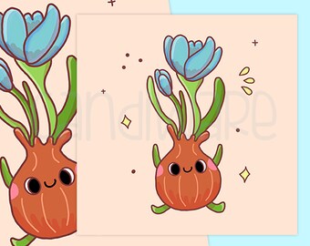 Lámina artística kawaii / Ilustración de cebolla adorable, decoración estética (5x5)