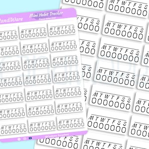 May include: A sheet of white planner stickers with black text that says "Mini Habit Tracker" and "Planner sticker sheet". The stickers are rectangular and have the days of the week abbreviated as "MTWTFSS" with seven blank circles underneath each abbreviation.