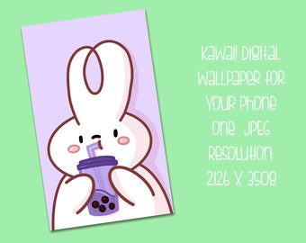 Bubble Tea Bunny Digital Phone Wallpaper Background - Digital Download - Floral Dreams - Kawaii Wallpaper, Cute Digital Download