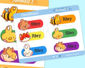 Vinyl Stickers OR Iron On Kids Name Labels - Iron On Clothing Labels - Fabric Labels -Waterproof Labels - Daycare Labels - Kawaii Animals