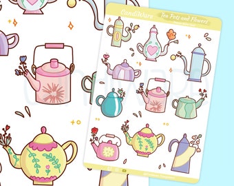 Tea Pot & Flowers Sticker Sheet- Bullet Journal Stickers - Planner Stickers - Cottage Core - Scrapbooking Stickers - Cozy Stickers