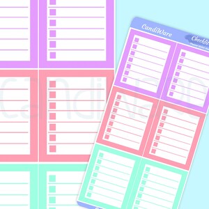 May include: A checklist sticker sheet with four sections, each with a different pastel color: purple, pink, green, and blue. Each section has a checklist with blank lines and boxes to check off.