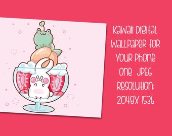 Ice Cream Bunny and Froggie Digital Phone Wallpaper Background - Digital Download - Food Dreams - Kawaii Wallpaper, Cute Digital Download