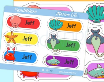 Vinyl Stickers OR Iron On Kids Name Labels - Iron On Clothing Labels - Fabric Labels -Waterproof Labels - Daycare Labels -Kawaii Marine Life