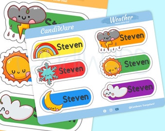 Vinyl Stickers OR Iron On Kids Name Labels - Iron On Clothing Labels - Fabric Labels -Waterproof Labels - Daycare Labels - Kawaii Weather