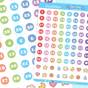 Foglio di adesivi Date Dots - Carta adesiva opaca - Adesivi pastello per 2 mesi - Adesivi funzionali per Bullet Journal e Planner