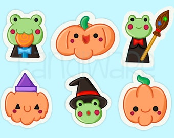 Peut inclure: Ensemble d'autocollants sur le thème d'Halloween avec des grenouilles et des citrouilles de dessins animés. Les autocollants présentent une grenouille avec une sucette, une citrouille avec un chapeau de sorcière et une grenouille avec un nœud papillon tenant un balai.