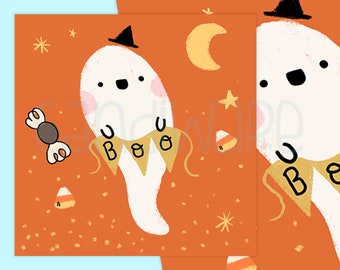 Mini Art Print Ghost Boo Message | 5"x5" Kawaii artwork prints | Cute Illustration | Aesthetic Photo Wall Art Decor