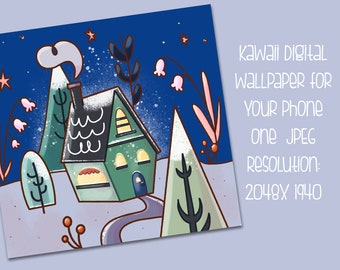 Winter Cottage Digital Phone Wallpaper Background - Digital Download - Cottagecore - Kawaii Wallpaper, Cute Digital Download