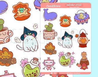 Kawaii Inktober Sticker Sheet- Bujo Stickers-  Inktober 2022, Peachtober Stickers- Bullet Journaling Stickers