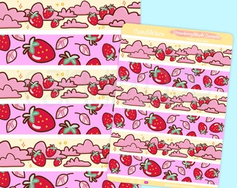 May include: A sample sheet of strawberry themed washi tape. The tape features pink and yellow stripes with strawberries, clouds, and leaves. The text "Strawberry Washi Sample!" is printed at the top of the sheet.