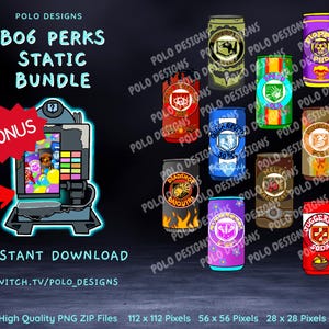 Könnte beinhalten: Eine digitale Illustration eines Verkaufsautomaten mit einem roten Knopf mit der Aufschrift "Bonus". Der Verkaufsautomat gibt bunte Kanister mit verschiedenen Bildern und Texten aus, darunter "Juggernog Soda", "Deadshot Daiquiri", "Speed Cola", "Quick Revive Soda", "Flopper PHD", "Meleagris Vaccinatium", "Wunderfizz" und "Perkaholic".